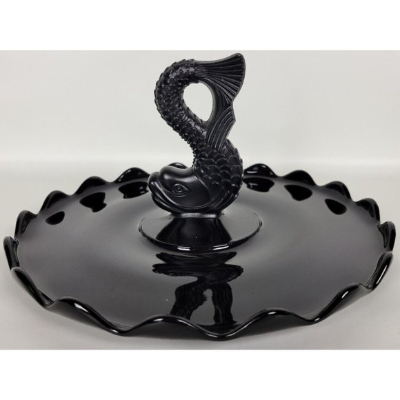 Vintage Viking Glass Black Amethyst Dolphin‎ Fish Serving Tray Platter 11" - Picture 6 of 11